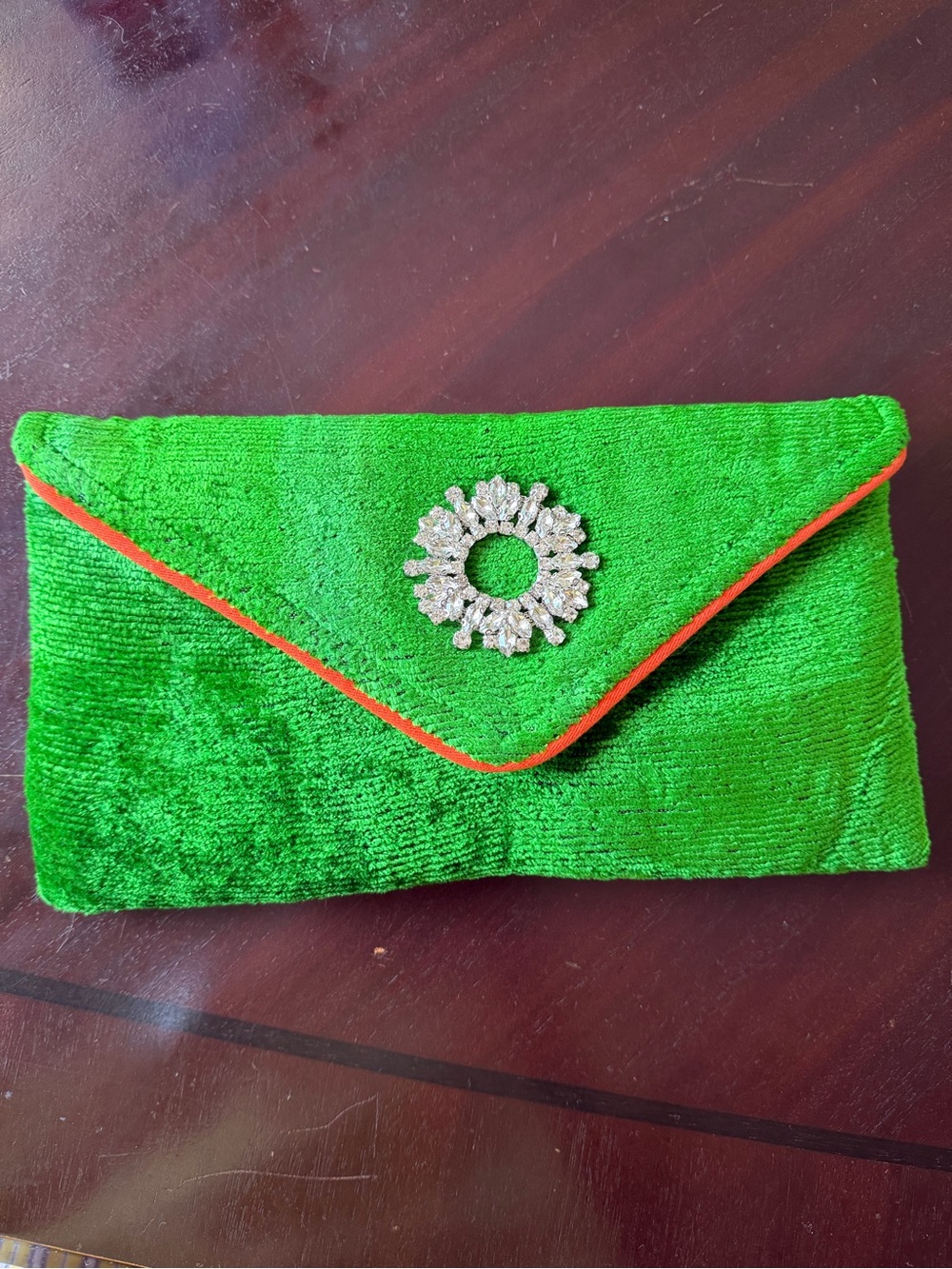 Bright Green Velvet Clutch with Rhinestone Medallion